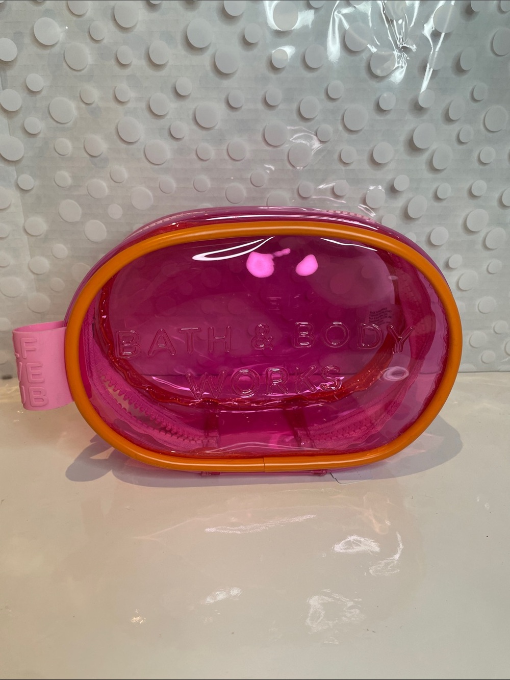 Bath & Body Works Hot Pink Clear Oval Pouch with Orange Trim